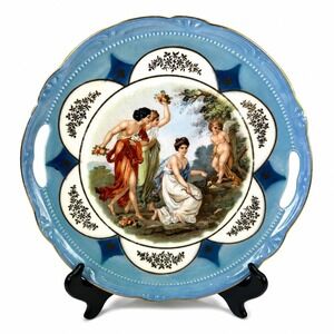 Vintage PK Unity Germany Porcelain Handled Cake Plate Blue Cherub Scene 10.5"